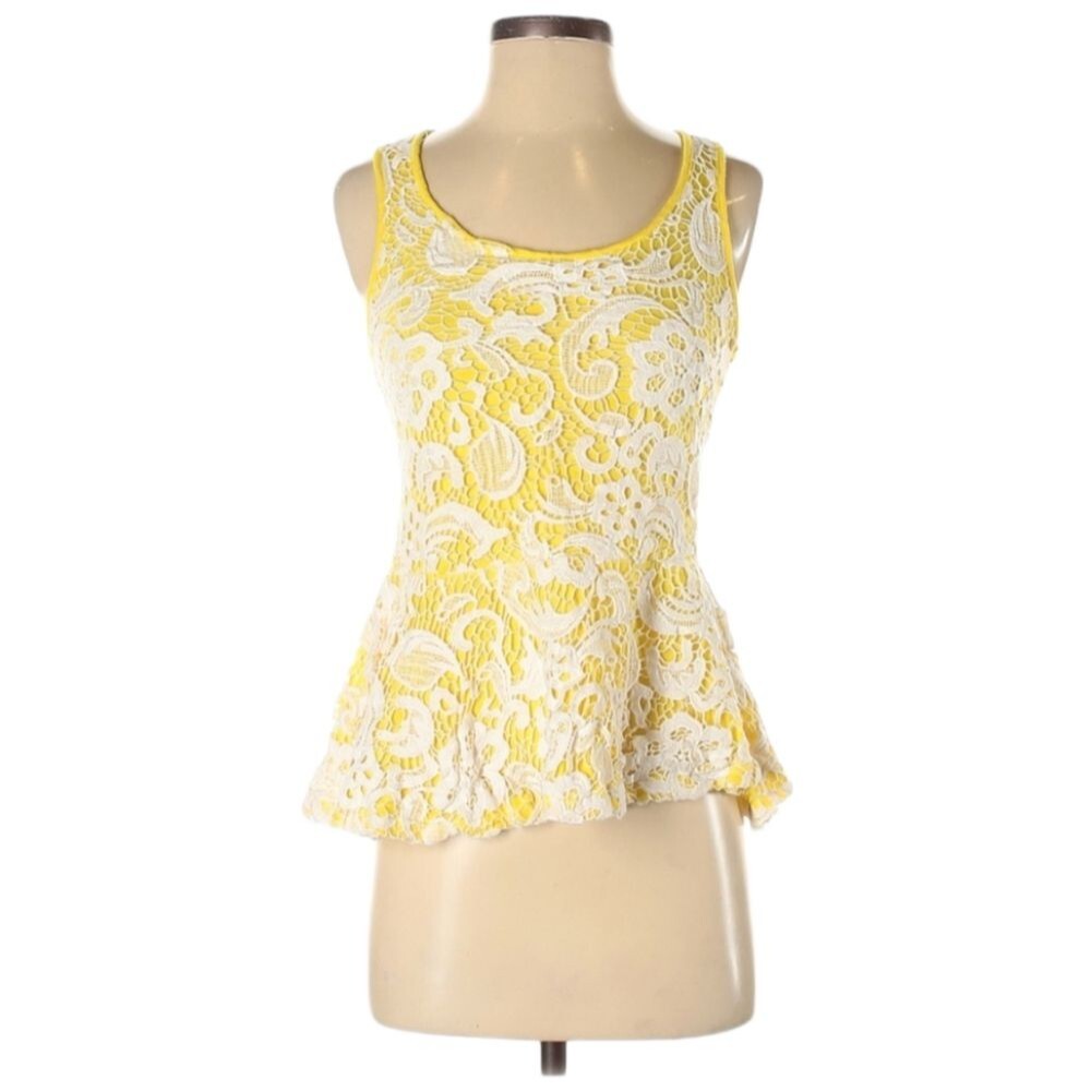 Anthro Meadow Rue Sleeveless Peplum Blouse Size XS Yellow White‎ Lace Fairy Boho